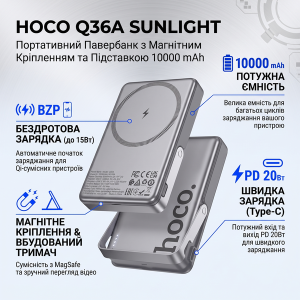 Портативний ЗП Power Bank Hoco Q36A Sunlight magnetic suction+holder PD20W з БЗП 10000 mAh 76877 фото